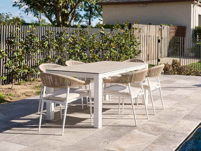 Adele Ceramic Table & Nivala Chairs | Outdoor Dining Setting in White / Travertino / Biscuit / 7pc 165cm_1