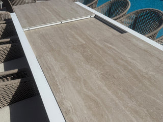 Adele Ceramic Extension Table & Nivala Chairs | Outdoor Dining Setting in White / Travertino / Biscuit_10