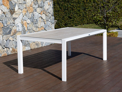 Adele Ceramic Extension Table & Nivala Chairs | Outdoor Dining Setting in White / Travertino / Biscuit_9