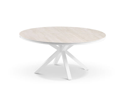 Adele Ceramic Round Table & Bailey Chairs | Outdoor Dining Setting in White / Travertino / 9pc 160cm_2