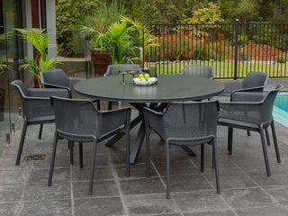 Adele Ceramic Round Table & Bailey Chairs | Outdoor Dining Setting in Charcoal / Dark Grey / 9pc 160cm_1