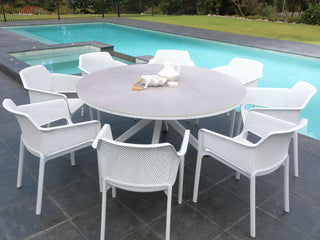 Adele Ceramic Round Table & Bailey Chairs | Outdoor Dining Setting in White / Light Grey / 9pc 160cm_1