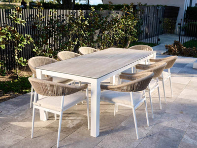 Adele Ceramic Table & Nivala Chairs | Outdoor Dining Setting in White / Travertino / Biscuit / 9pc 220cm_1