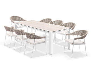 Adele Ceramic Table & Nivala Chairs | Outdoor Dining Setting in White / Travertino / Biscuit / 9pc 220cm_2
