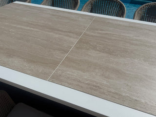 Adele Ceramic Extension Table & Nivala Chairs | Outdoor Dining Setting in White / Travertino / Biscuit_11