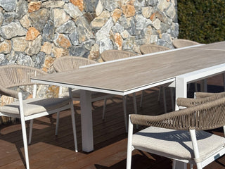 Adele Ceramic Extension Table & Nivala Chairs | Outdoor Dining Setting in White / Travertino / Biscuit_7