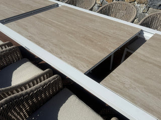Adele Ceramic Extension Table & Nivala Chairs | Outdoor Dining Setting in White / Travertino / Biscuit_12