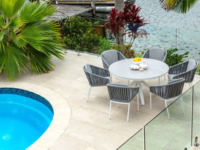 Adele Ceramic Round Outdoor Dining Table in White / Light Grey / 140cm 4.