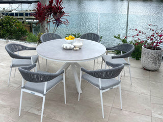 Adele Ceramic Round Table & Nivala Chairs | Outdoor Dining Setting in White / Light Grey / Frost Grey / 7pc 140cm_1
