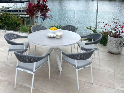 Adele Ceramic Round Outdoor Dining Table in White / Light Grey / 140cm 3.