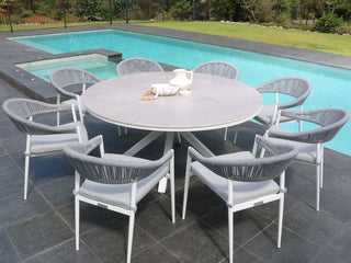 Adele Ceramic Round Table & Nivala Chairs | Outdoor Dining Setting in White / Light Grey / Frost Grey / 9pc 160cm_1