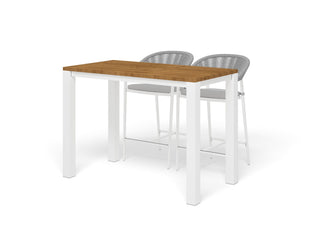 Adele Teak Table & Nivala Chairs | Outdoor Bar Setting in White / Frost Grey / 3pc 140x63cm_1