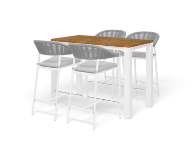 Adele Teak Table & Nivala Chairs | Outdoor Bar Setting in White / Frost Grey / 5pc 140x74cm_1