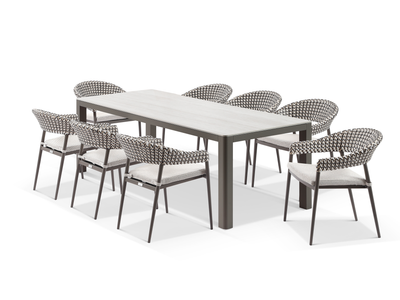 Adina Table & Noosa Chairs | Outdoor Dining Setting in Bronze / Calcite / Coffee / 9pc 220cm