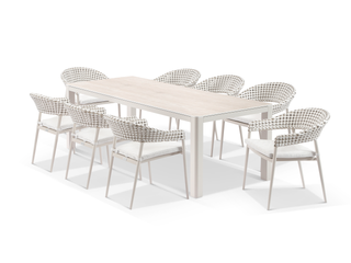 Adina Table & Noosa Chairs | Outdoor Dining Setting in Dune / Travertino / Drift / 9pc 220cm