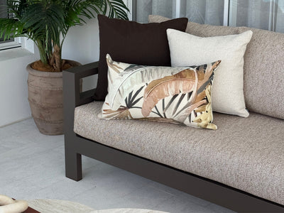 Aspen 3 Seater Outdoor Sofa featuring a durable bronze aluminium frame and Tundra Rye Sunbrella outdoor cushions, designed for stylish and comfortable outdoor living.