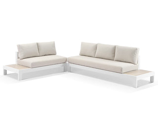 Aspen Ceramic Platform | Outdoor Lounge Setting in White / Travertino / Beech / 5 Seater 2RH-3LH / Milos Coffee Table Set_2