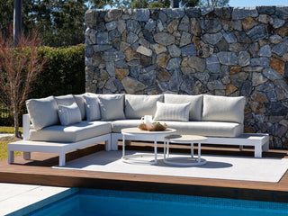 Aspen Ceramic Platform | Outdoor Lounge Setting in White / Travertino / Beech / 6 Seater 2RH-3LH-CNR / Milos Coffee Table Set_1