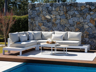Aspen Ceramic Platform | Outdoor Lounge Setting in White / Travertino / Beech / 6 Seater 2RH-3LH-CNR / Milos Coffee Table Set_1