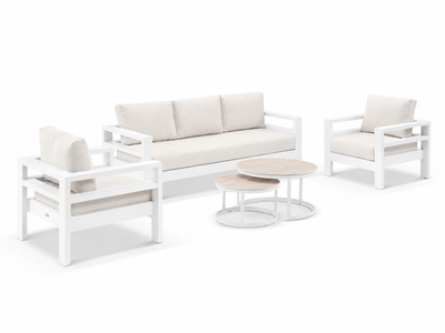 Aspen Sofa Set | Outdoor Lounge Setting in White / Lopi Marble / 5 Seater / Milos Coffee Table Set
