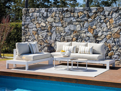 Aspen Ceramic Platform | Outdoor Lounge Setting in White / Travertino / Beech / 5 Seater 2LH-3RH / Milos Coffee Table Set_1