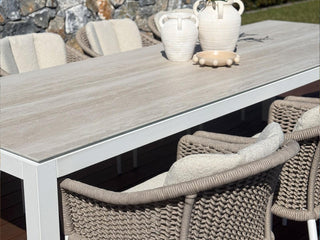 Danli Outdoor Dining Table in White / Travertine / 280x100cm - close-up 2.