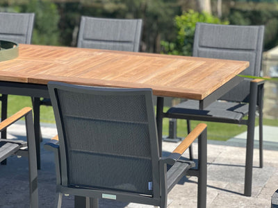 Barcelona Extension Table & Sevilla Teak Arm Chairs | Outdoor Dining Setting in Charcoal / 9pc 280cm_10