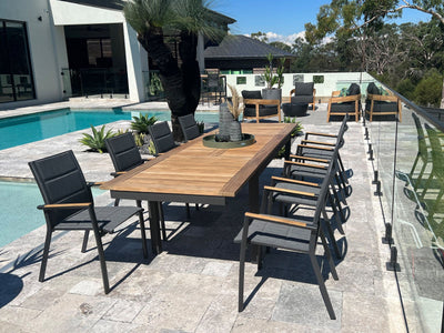 Barcelona Extension Table & Sevilla Teak Arm Chairs | Outdoor Dining Setting in Charcoal / 9pc 280cm_1
