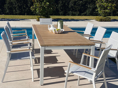 Barcelona Table & Sevilla Teak Arm Chairs | Outdoor Dining Setting in White / 9pc 240cm_2