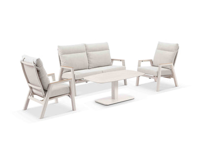 Bella Reclining Sofa Set | Outdoor Lounge Setting in Dune / Almond / Chania Lift Coffee Table