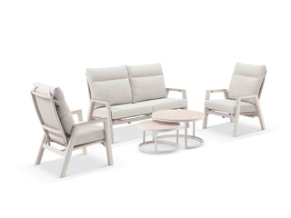 Bella Reclining Sofa Set | Outdoor Lounge Setting in Dune / Almond / Milos Coffee Table Set