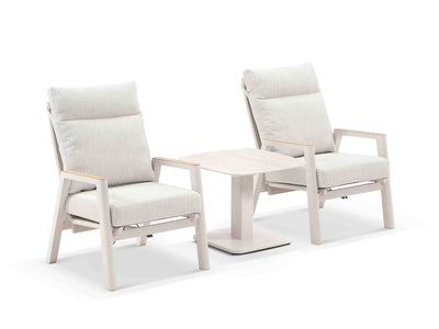 Bella 3pc Reclining Sofa Set | Outdoor Balcony Setting in White / Dune / Chania Lift Side Table