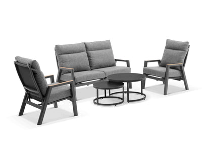 Bella Reclining Sofa Set | Outdoor Lounge Setting in Charcoal / Basalt / Milos Coffee Table Set