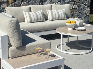 Chester Stripe Outdoor Bolster Cushion in Taupe 4.