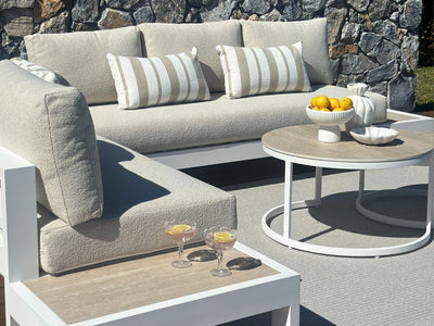 Chester Stripe Outdoor Bolster Cushion in Taupe 4.