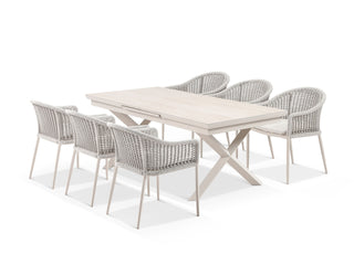 Byron Extension Table & Bali Chairs | Outdoor Dining Setting in Dune / Travertino / Parchment / 9pc 260cm 1