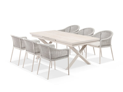 Byron Extension Table & Bali Chairs | Outdoor Dining Setting in Dune / Travertino / Parchment / 9pc 260cm 1