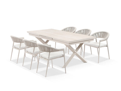 Byron Extension Table & Nivala Chairs | Outdoor Dining Setting in Dune / Travertino / Lavazza / 9pc 260cm