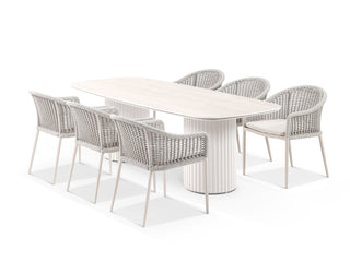 Corinth Table & Bali Chairs | Outdoor Dining Setting in Dune / Travertino / Parchment / 7pc 240cm