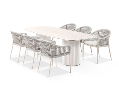Corinth Table & Bali Chairs | Outdoor Dining Setting in Dune / Travertino / Parchment / 7pc 240cm