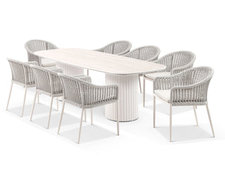 Corinth Table & Bali Chairs | Outdoor Dining Setting in Dune / Travertino / Parchment / 9pc 240cm