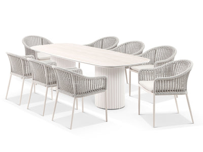 Corinth Table & Bali Chairs | Outdoor Dining Setting in Dune / Travertino / Parchment / 9pc 240cm
