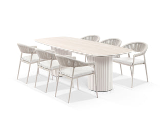 Corinth Table & Nivala Chairs | Outdoor Dining Setting in Dune / Travertino / Lavazza / 7pc 240cm
