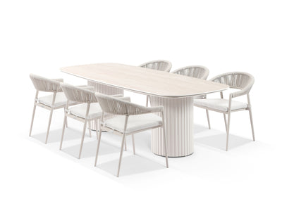 Corinth Table & Nivala Chairs | Outdoor Dining Setting in Dune / Travertino / Lavazza / 7pc 240cm