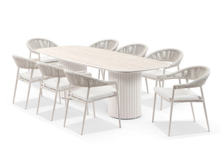Corinth Table & Nivala Chairs | Outdoor Dining Setting in Dune / Travertino / Lavazza / 9pc 240cm