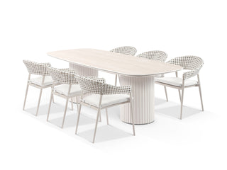 Corinth Table & Noosa Chairs | Outdoor Dining Setting in Dune / Travertino / Drift / 7pc 240cm