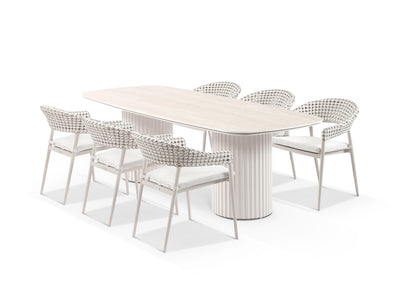 Corinth Table & Noosa Chairs | Outdoor Dining Setting in Dune / Travertino / Drift / 7pc 240cm