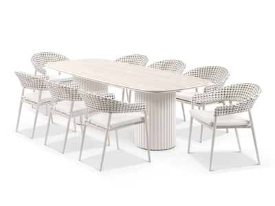 Corinth Table & Noosa Chairs | Outdoor Dining Setting in Dune / Travertino / Drift / 9pc 240cm
