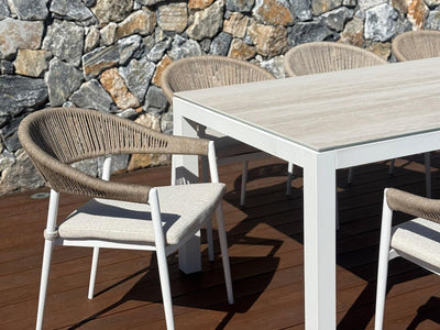 Danli Outdoor Dining Table in White / Travertine / 280x100cm.