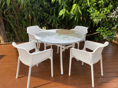 Domiziani Lava Stone Round Table & Bailey Chairs | Outdoor Dining Setting in White / Forma / 5pc 120cm_3